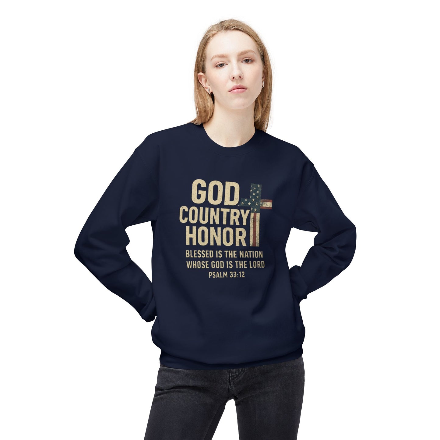 God, Country, Honor with American Flag Shaped Cross Sweatshirt -