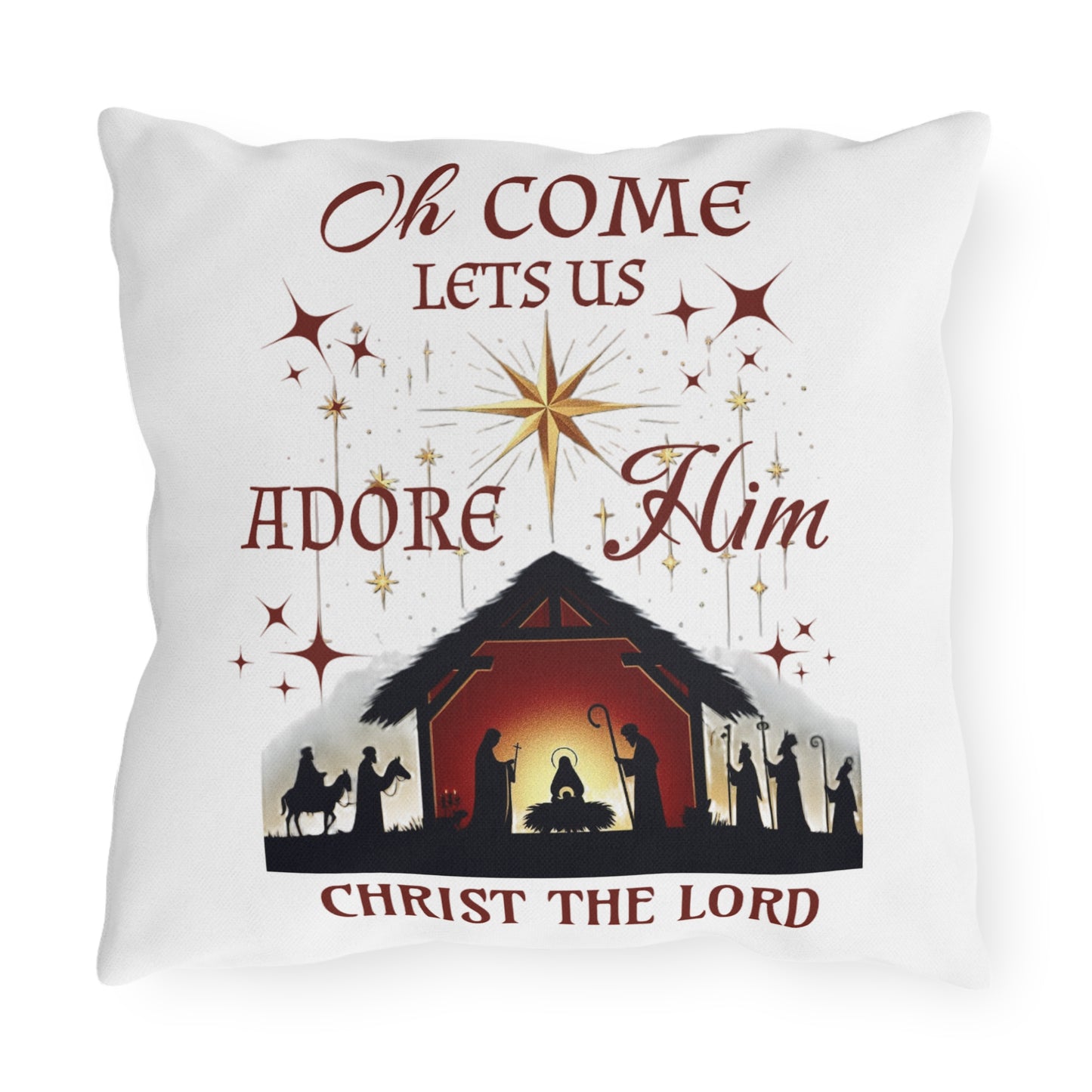 Outdoor Pillows - Nativity scene with 'Oh come let us adore Him, Christ the Lord'