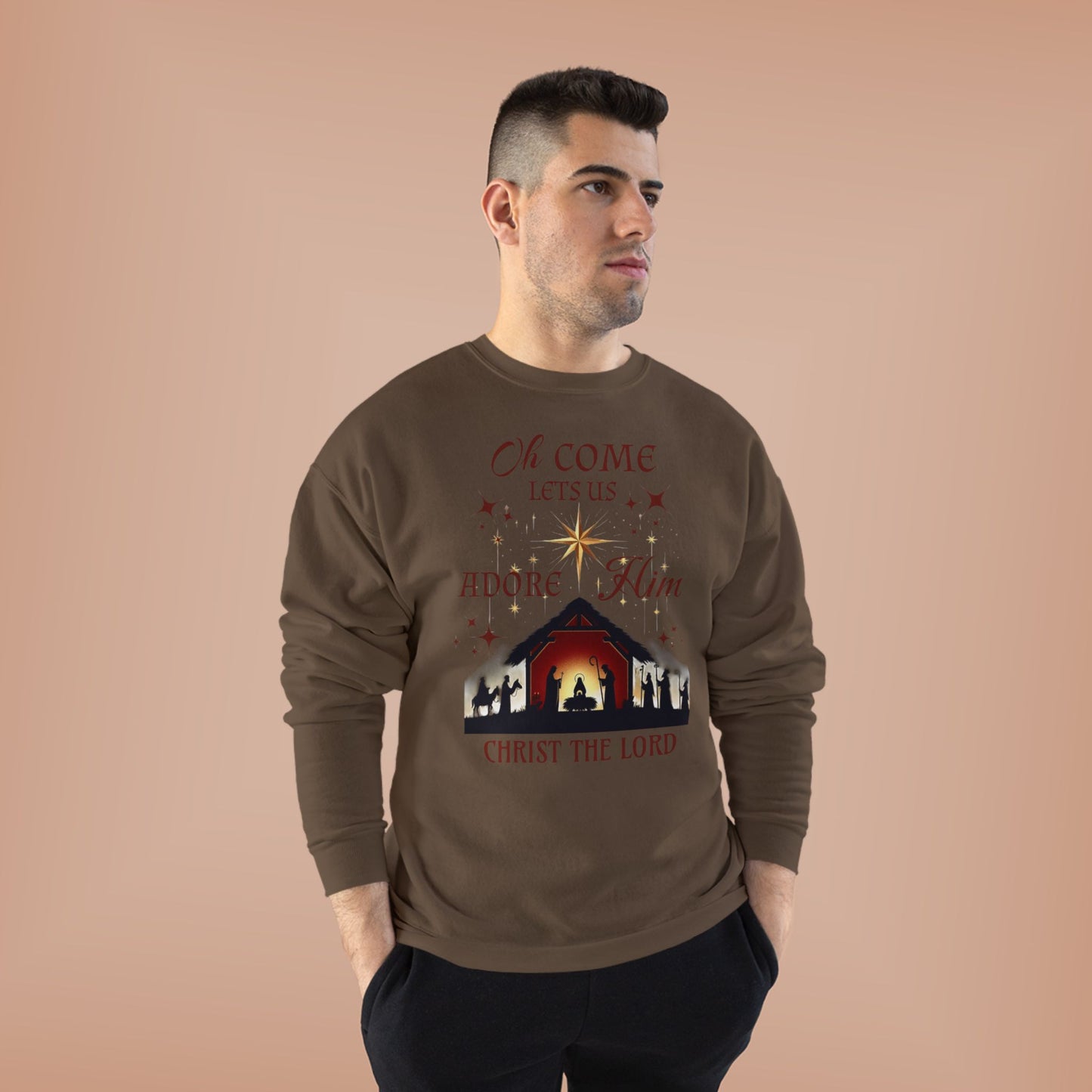 Christmas Nativity Unisex Sweatshirt with 'Oh come let us adore him, Christ the Lord' Design