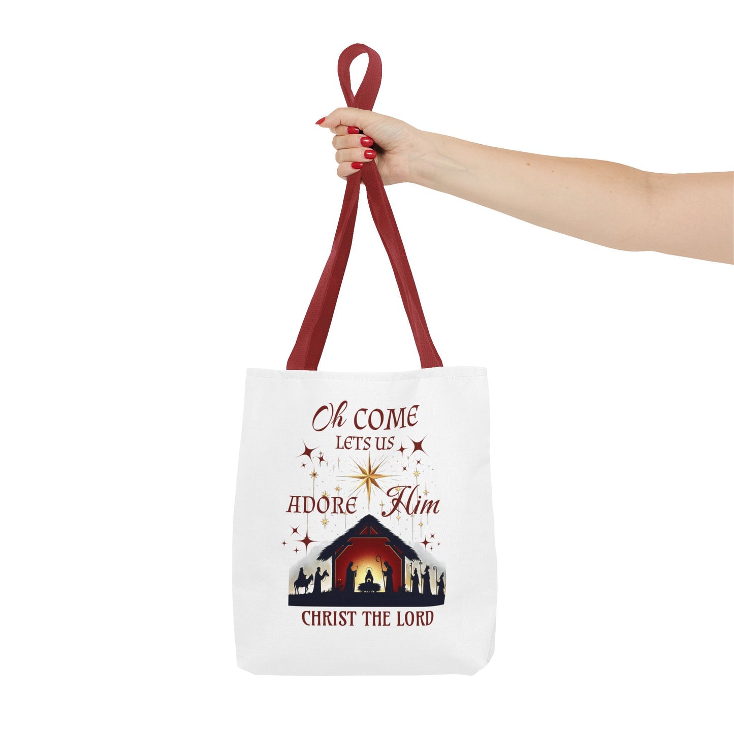 Nativity Scene Tote Bag with 'Oh come let us adore Him, Christ the Lord' Phrase