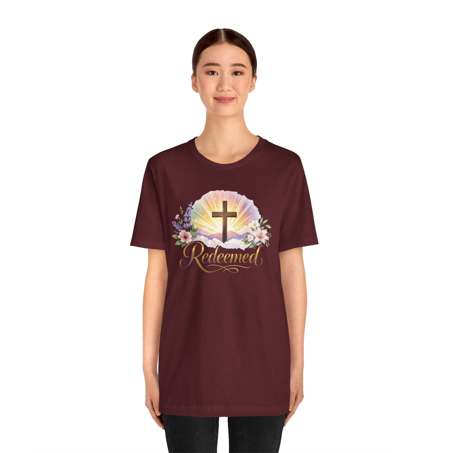 "Redeemed" Cross Floral T-Shirt — Christian Faith Tee