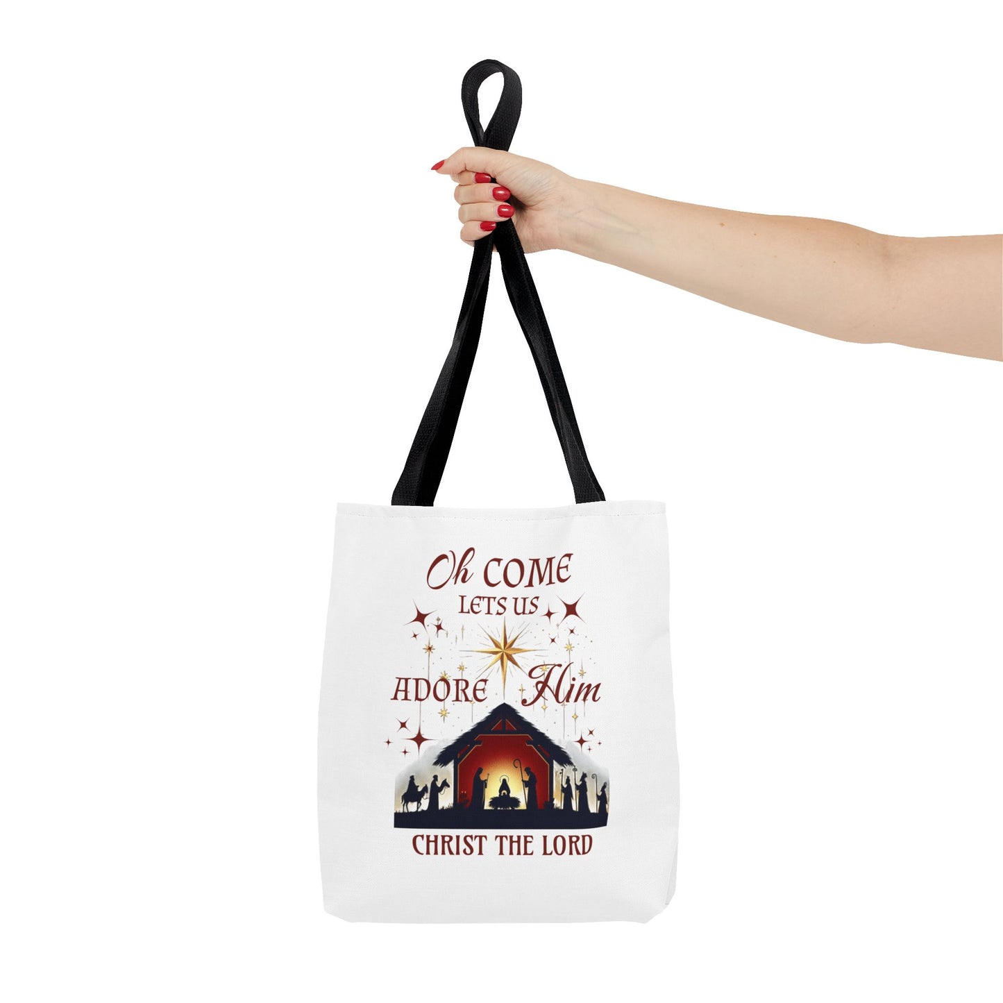Nativity Scene Tote Bag with 'Oh come let us adore Him, Christ the Lord' Phrase