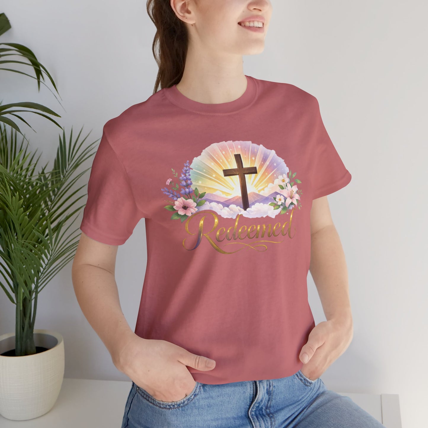 "Redeemed" Cross Floral T-Shirt — Christian Faith Tee