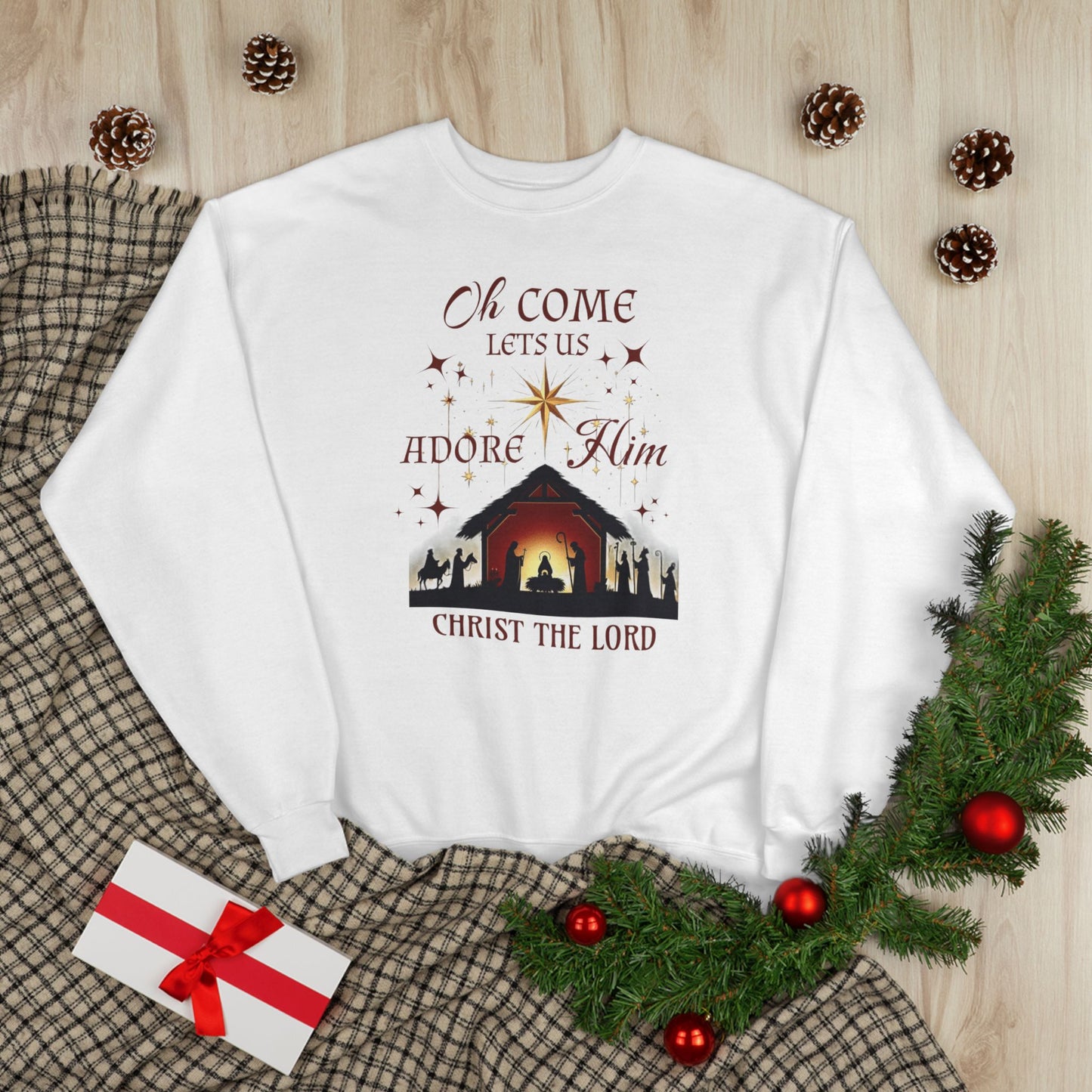 Christmas Nativity Unisex Sweatshirt with 'Oh come let us adore him, Christ the Lord' Design