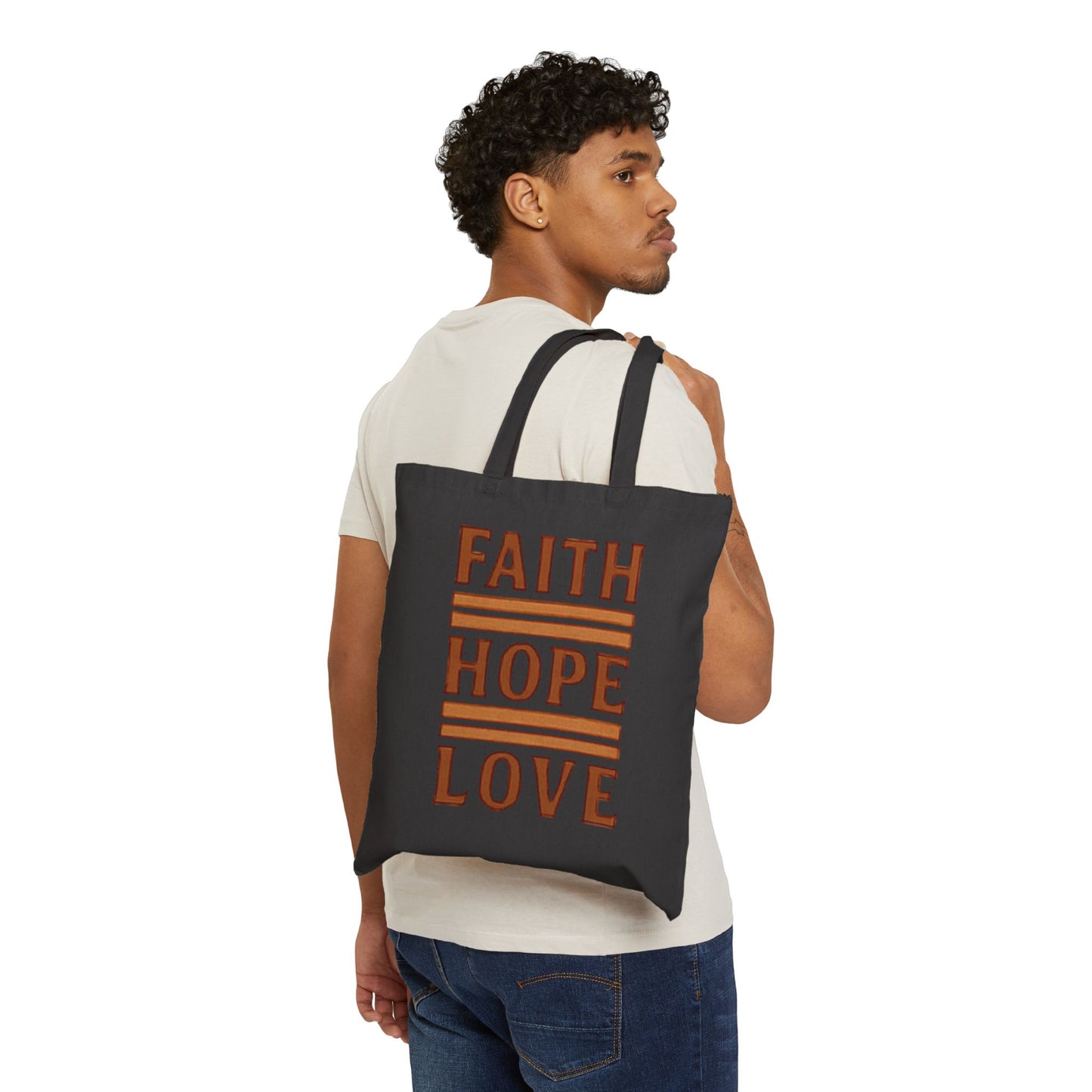 Faith Hope Love Cotton Canvas Tote Bag — Inspirational Quote Market Bag