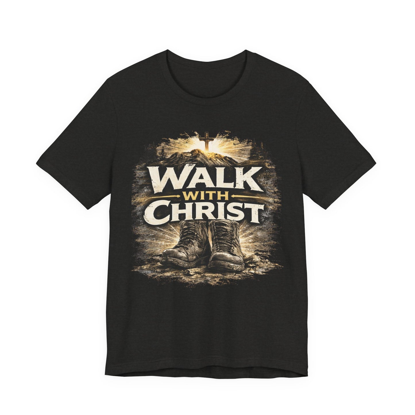 Walk With Christ T-Shirt — Christian Faith Tee with Boots & Cross Design