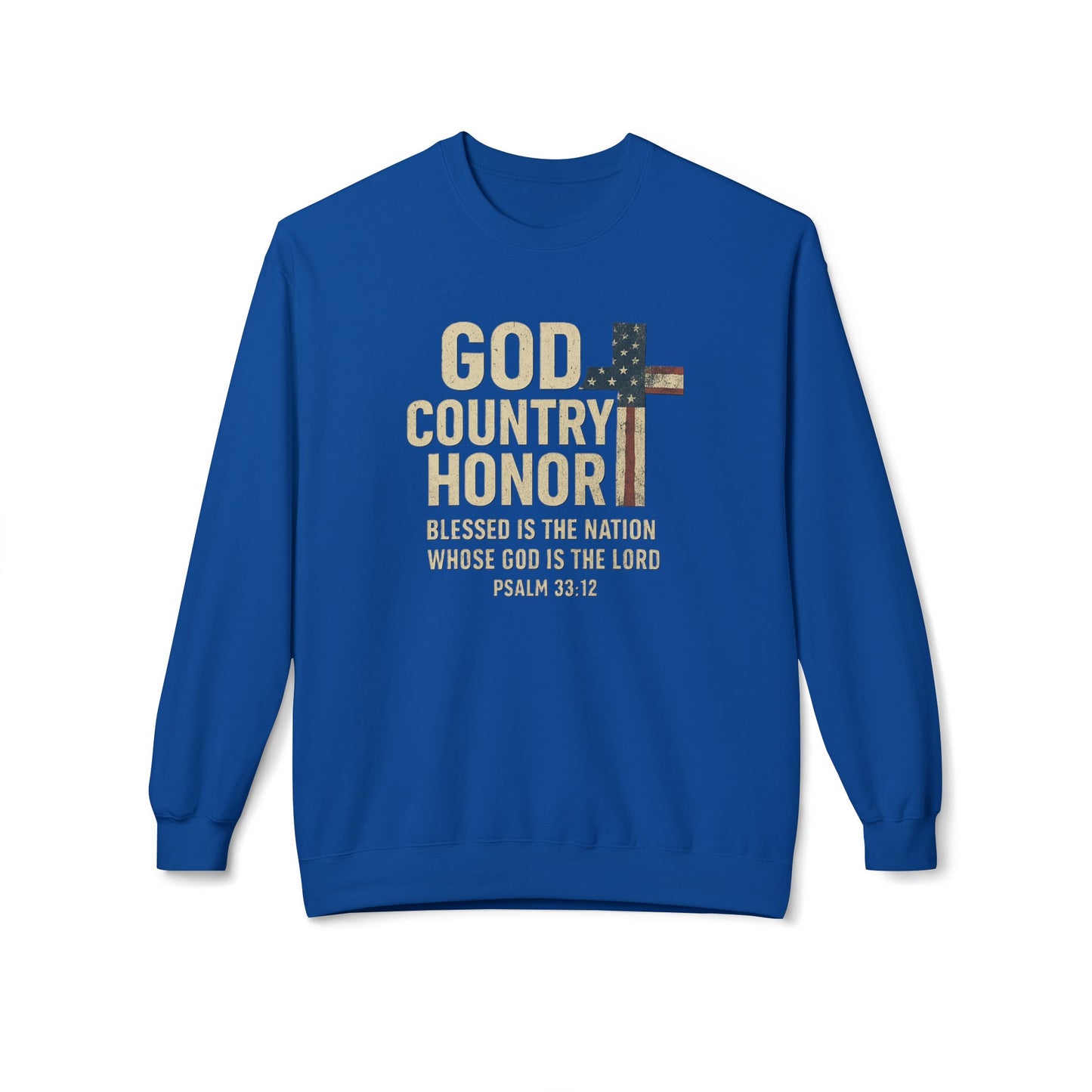 God, Country, Honor with American Flag Shaped Cross Sweatshirt -