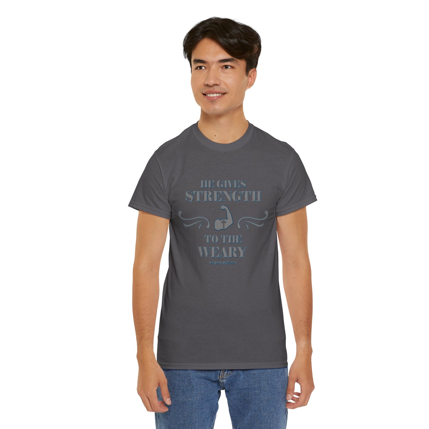 Christian Tee - Bible Verse Isaiah 40:29-31 'He gives Strength to the Weary'