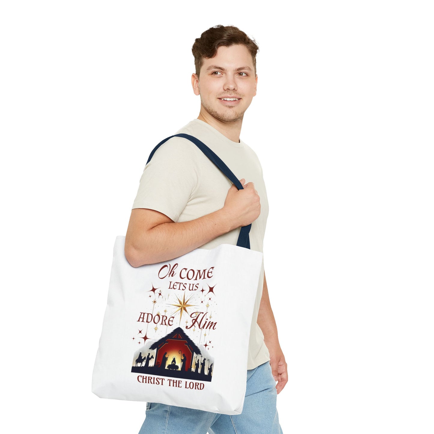 Nativity Scene Tote Bag with 'Oh come let us adore Him, Christ the Lord' Phrase
