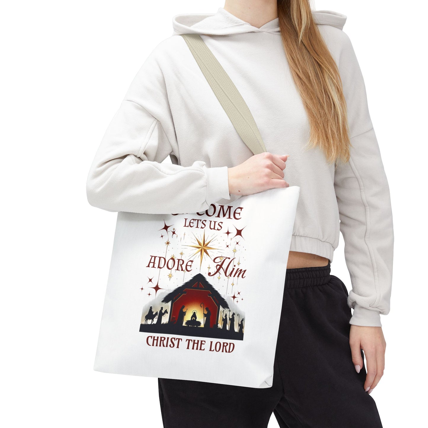 Nativity Scene Tote Bag with 'Oh come let us adore Him, Christ the Lord' Phrase