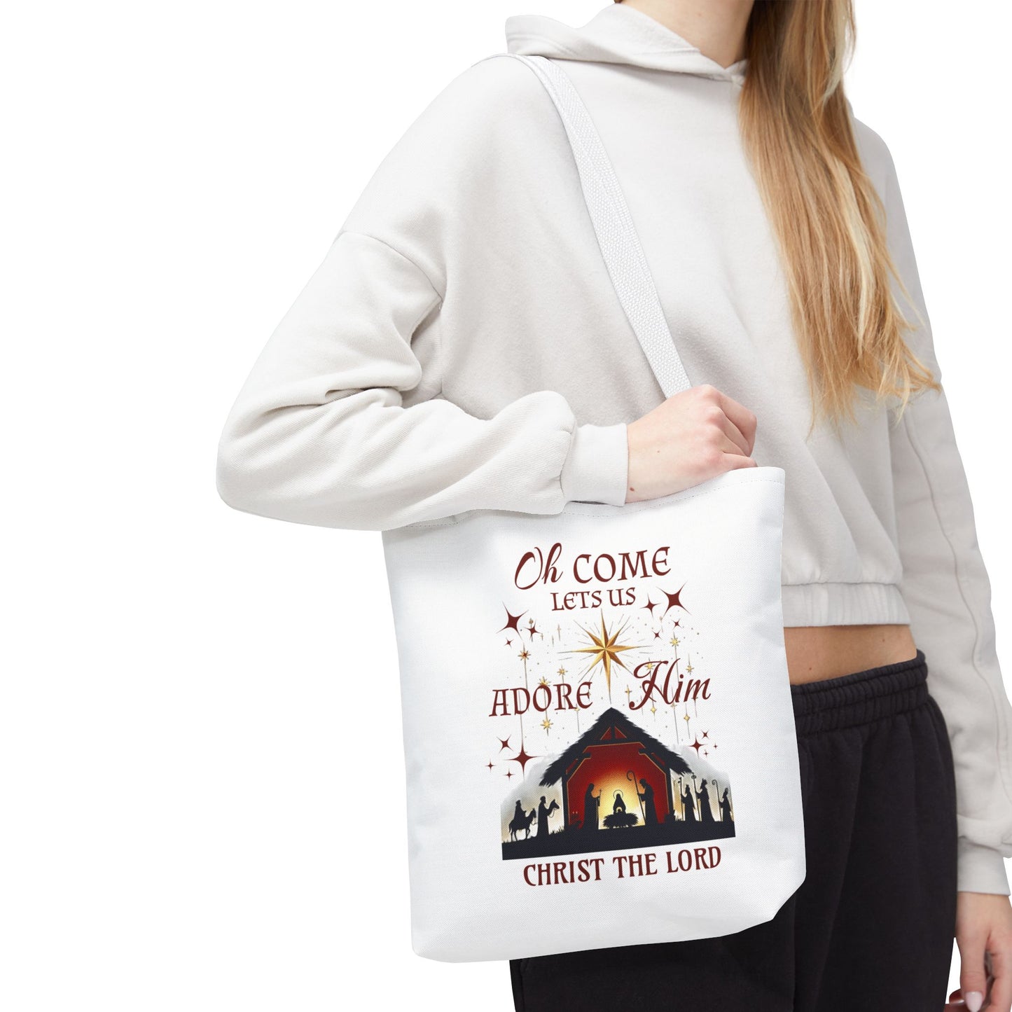 Nativity Scene Tote Bag with 'Oh come let us adore Him, Christ the Lord' Phrase