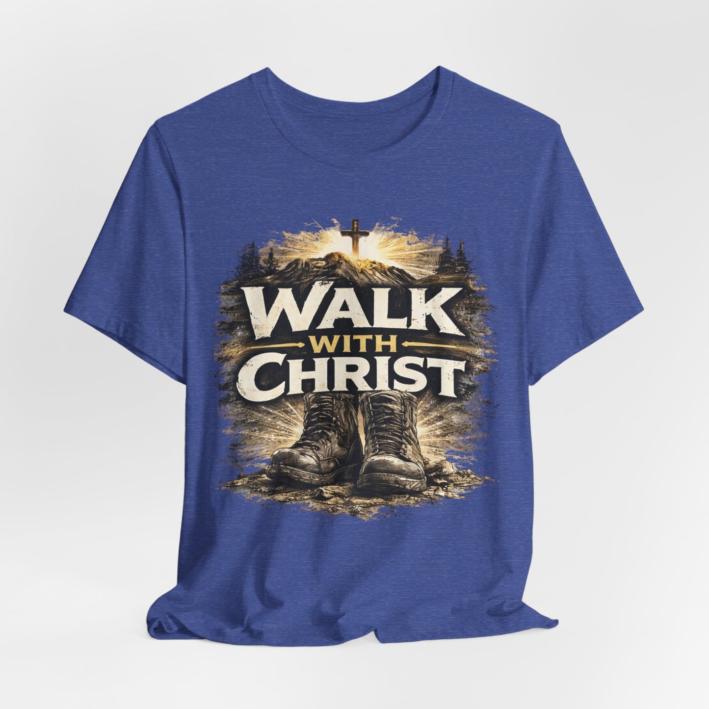Walk With Christ T-Shirt — Christian Faith Tee with Boots & Cross Design