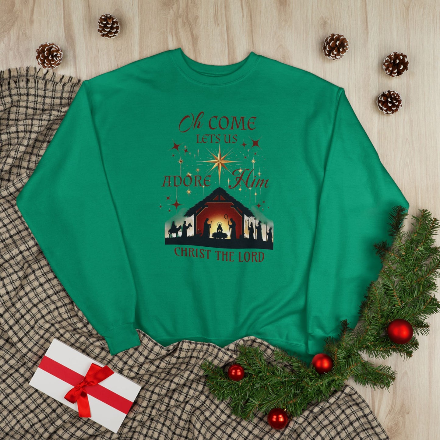 Christmas Nativity Unisex Sweatshirt with 'Oh come let us adore him, Christ the Lord' Design