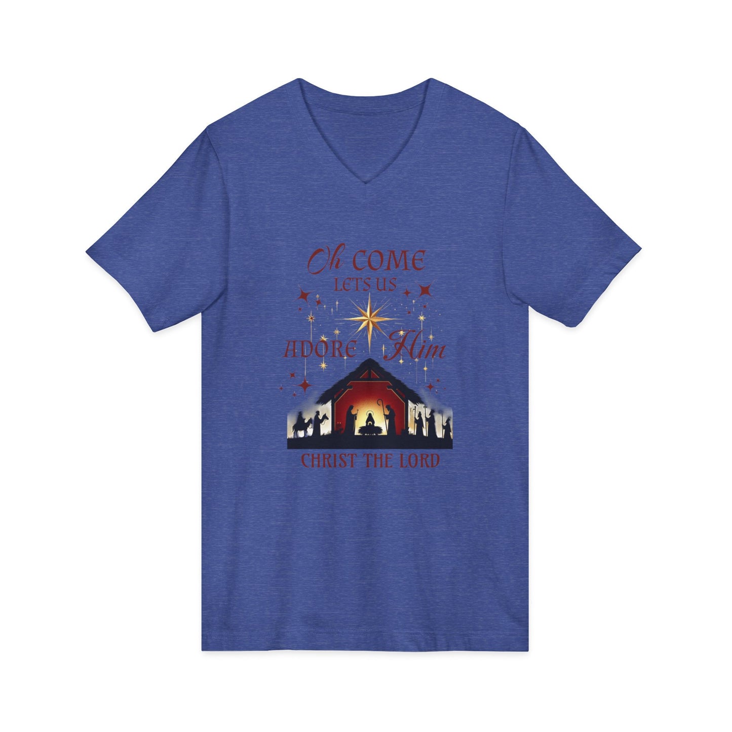 V-Neck Tee Nativity Scene 'Oh come let us adore Him, Christ the Lord'