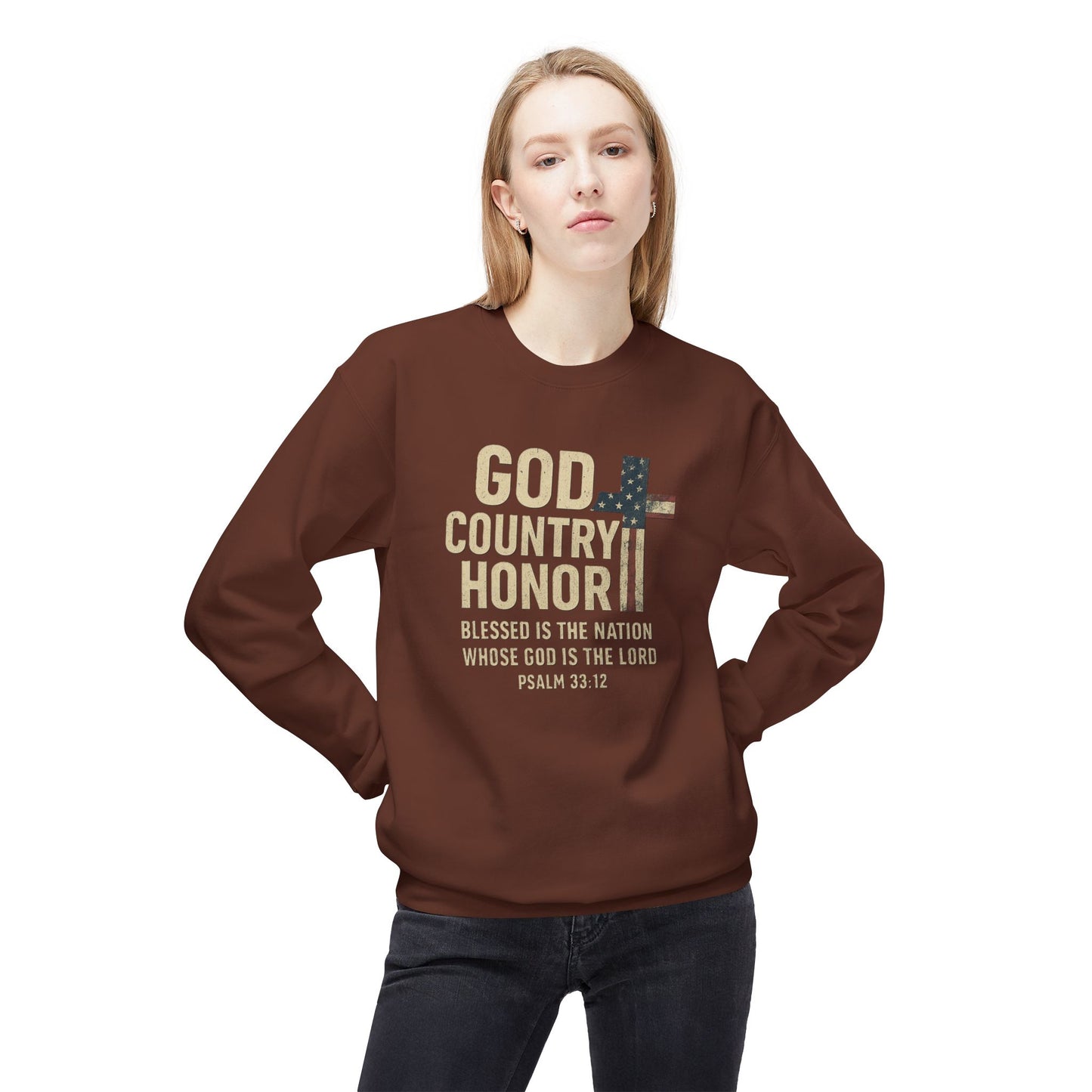 God, Country, Honor with American Flag Shaped Cross Sweatshirt -