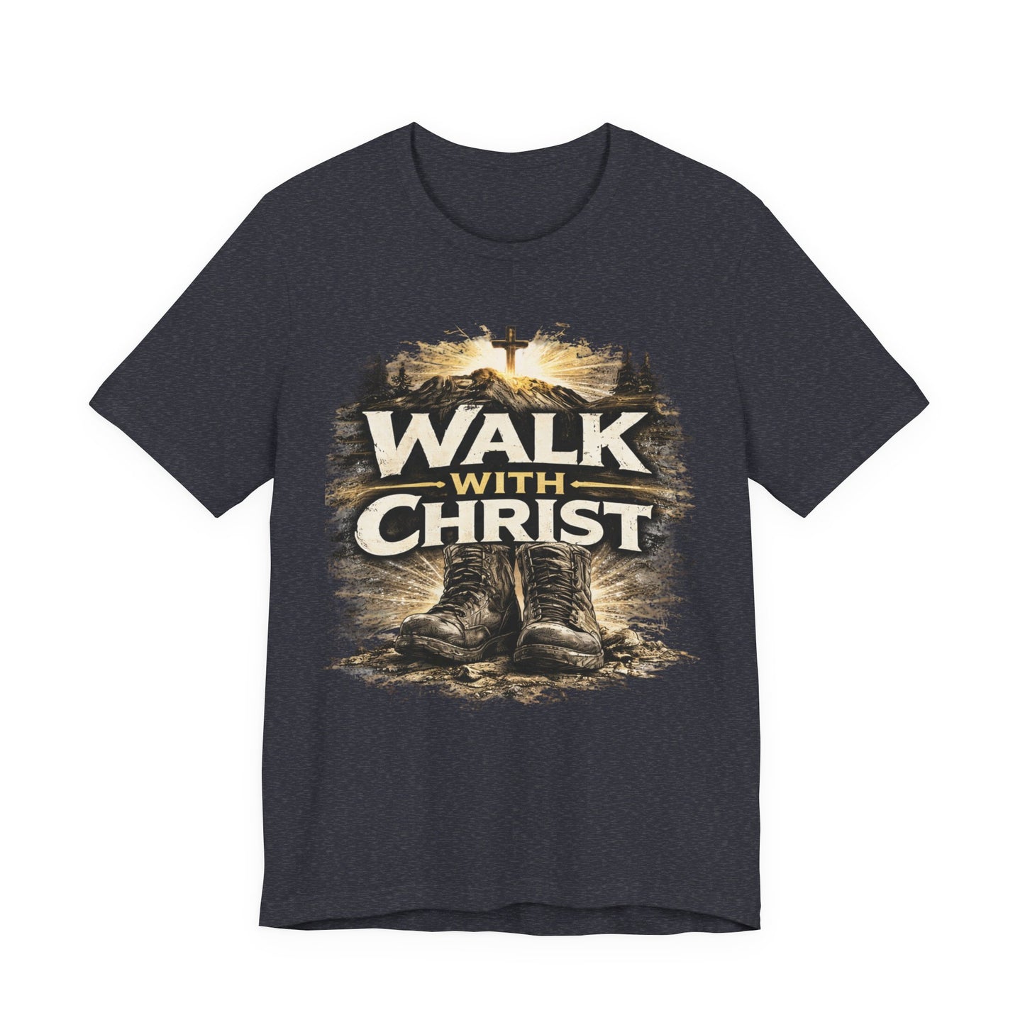 Walk With Christ T-Shirt — Christian Faith Tee with Boots & Cross Design