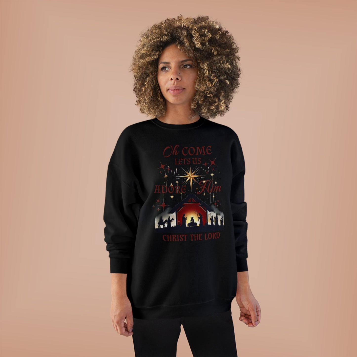 Christmas Nativity Unisex Sweatshirt with 'Oh come let us adore him, Christ the Lord' Design