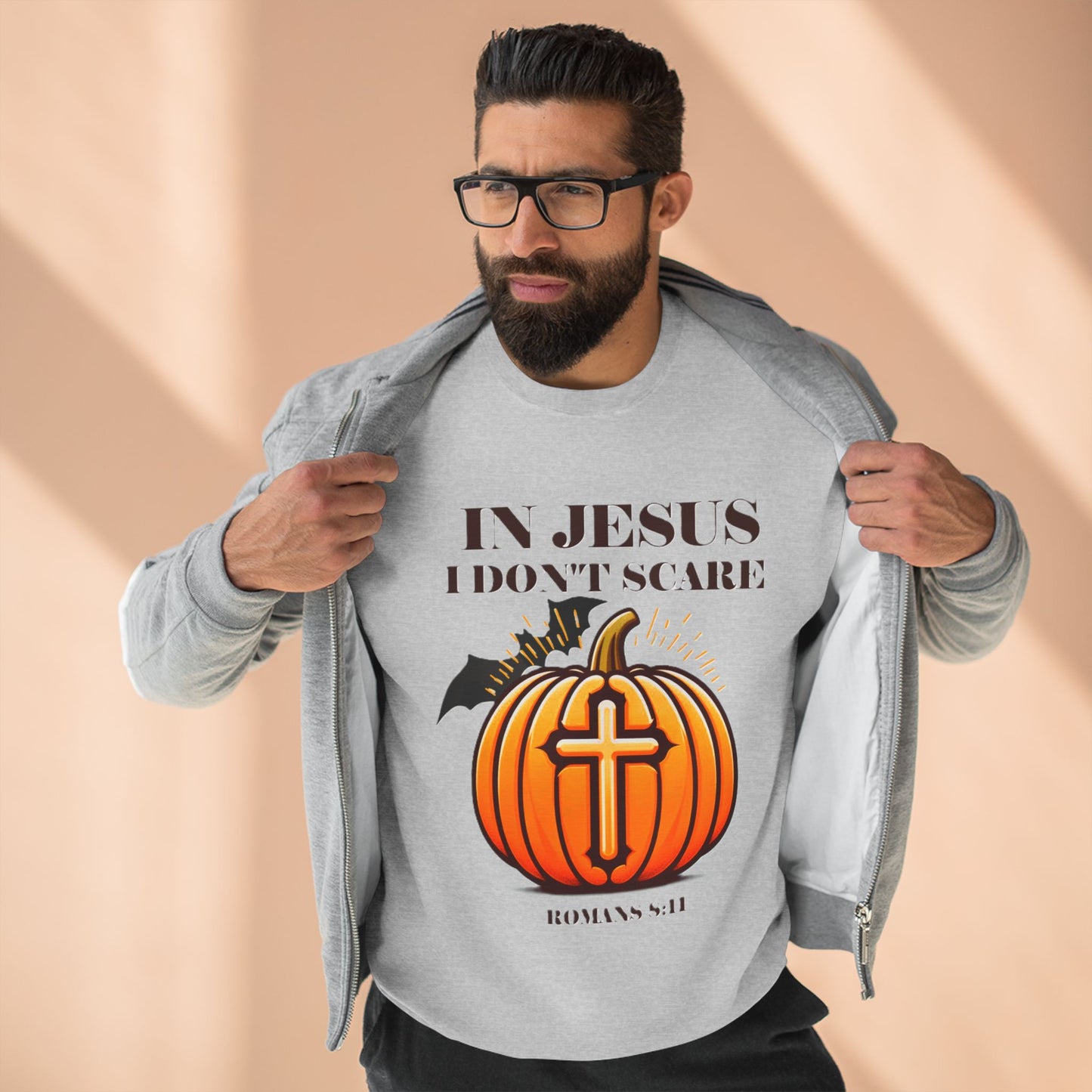 Christian Unisex Crewneck Sweatshirt with Bible Verse Romans 8:11 'IN JESUS I DON'T SCARE'