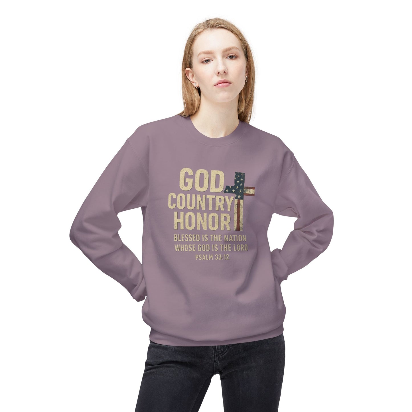 God, Country, Honor with American Flag Shaped Cross Sweatshirt -
