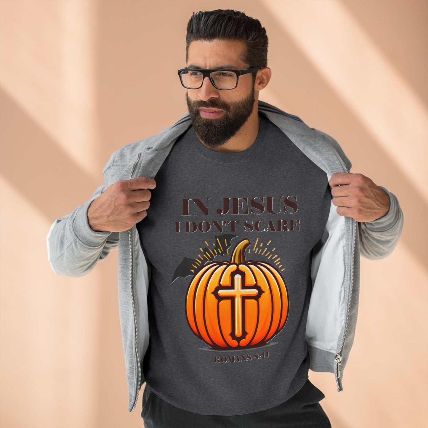 Christian Unisex Crewneck Sweatshirt with Bible Verse Romans 8:11 'IN JESUS I DON'T SCARE'