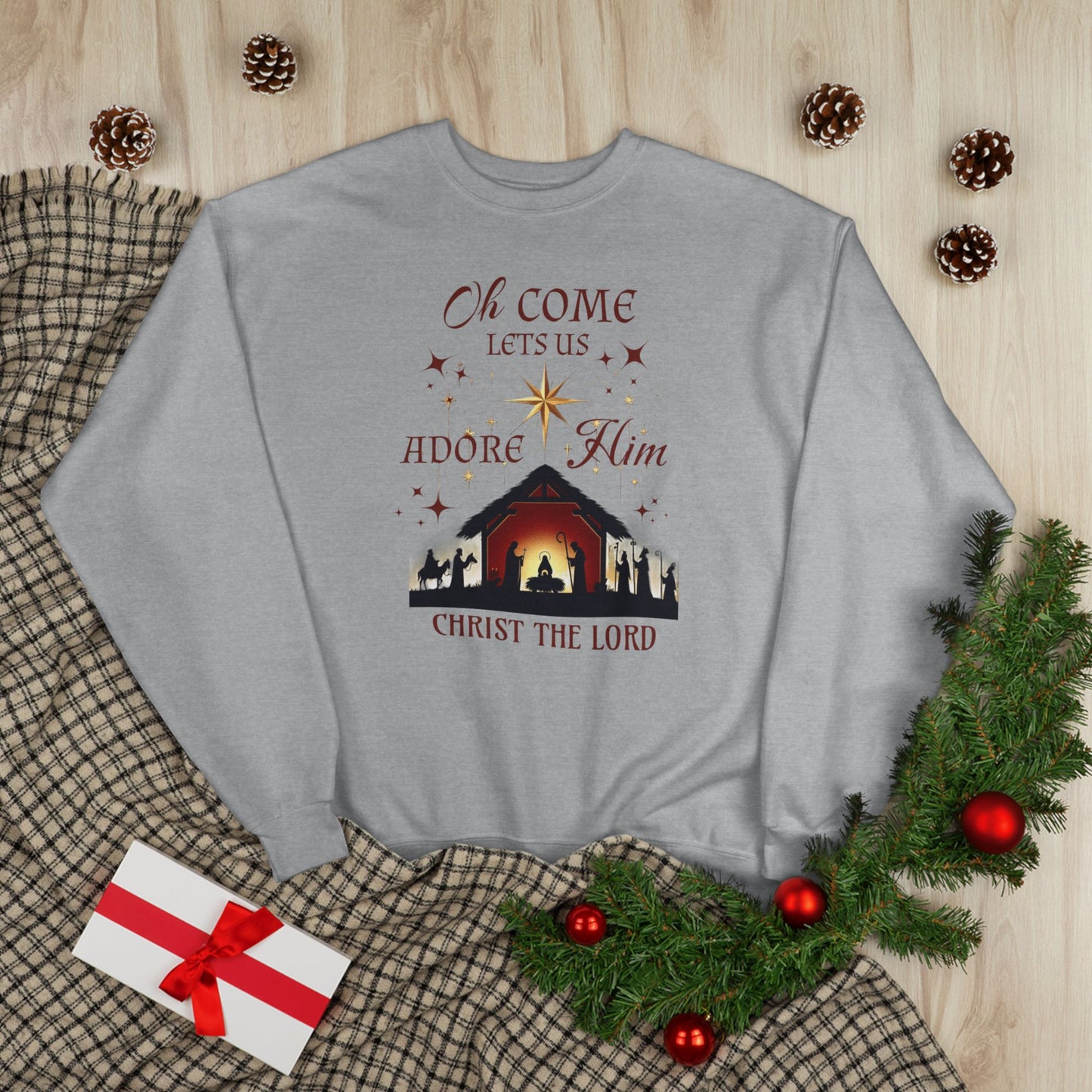 Christmas Nativity Unisex Sweatshirt with 'Oh come let us adore him, Christ the Lord' Design